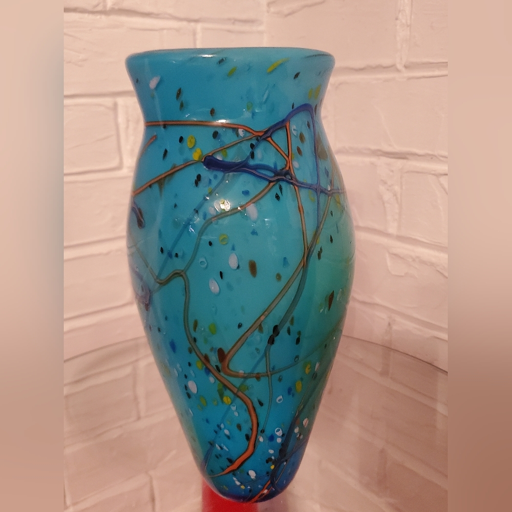 Postmodern Vintage 90s hand blow Studio Art Glass aque blue abstract vase - Picture 6 of 16